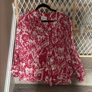 Chocolate Red and White Abstract Print Button-Front Blouse